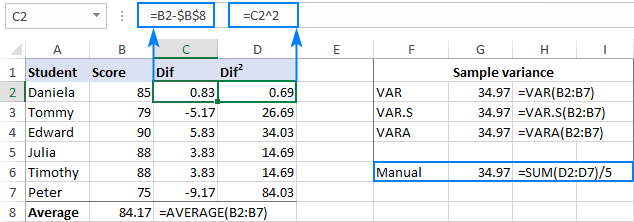 Sample variance formulas in Excel