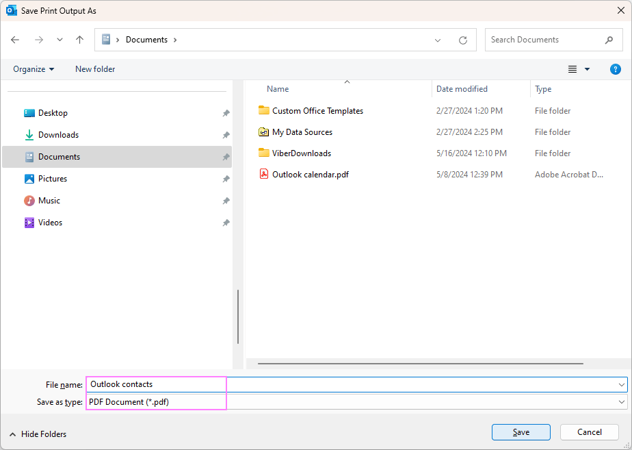 Save Outlook contacts to a PDF file.