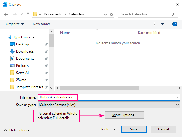 Saving Outlook calendar as an ICS file