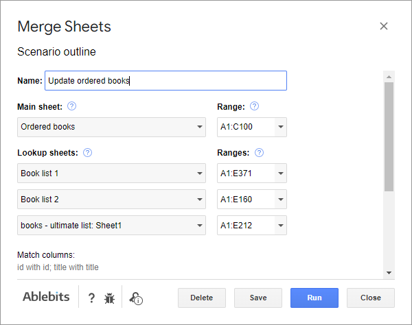 Edit or delete scenarios in Merge Sheets.