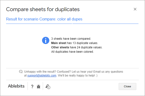 Result for the Compare Sheets scenario.