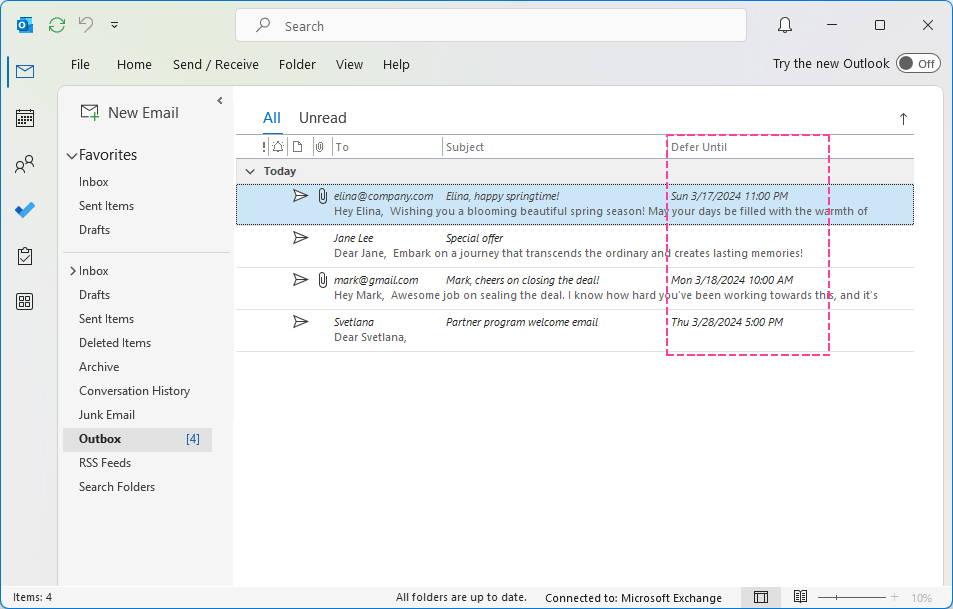 The Defer Until column shows the date and time of scheduled emails.