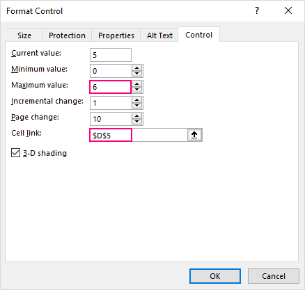 Link the scroll bar to some cell and set its maximum value.