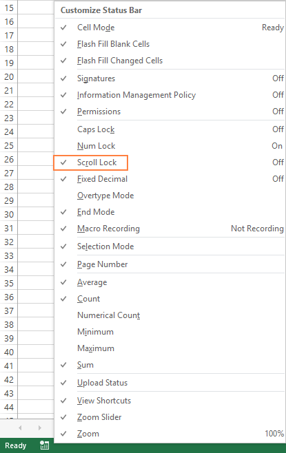 Get the Scroll Lock status to appear on the Excel status bar.