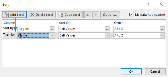 Add a second level to sort the Name column alphabetically from A to Z.