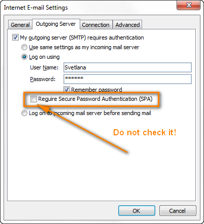 Don't check the "Require Secure Password Authentication" option unless absolutely required by your mail server provider.