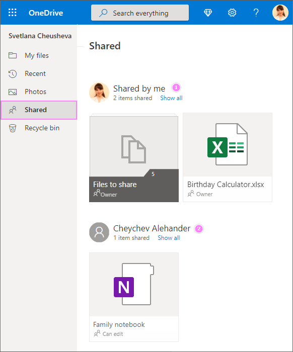 See shared files and folders in OneDrive personal