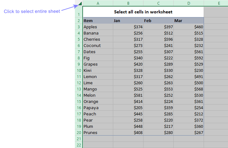 Selecting all cells in a worksheet