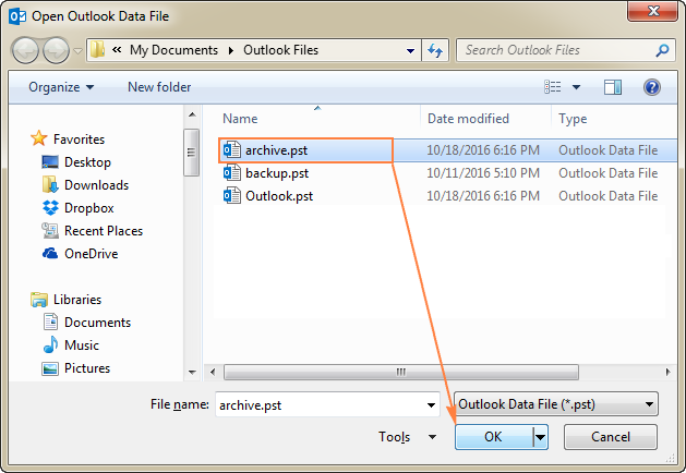 Select the archive.pst file and click OK.