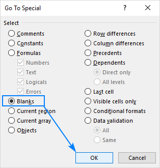 Select all blank cells in the range.