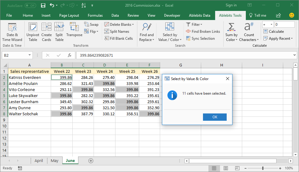 Select all cells with the same data