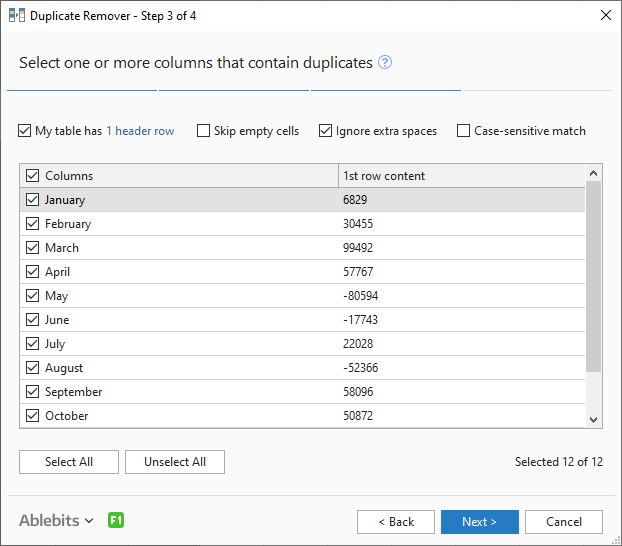 Pick columns with duplicates to dedupe Excel list.