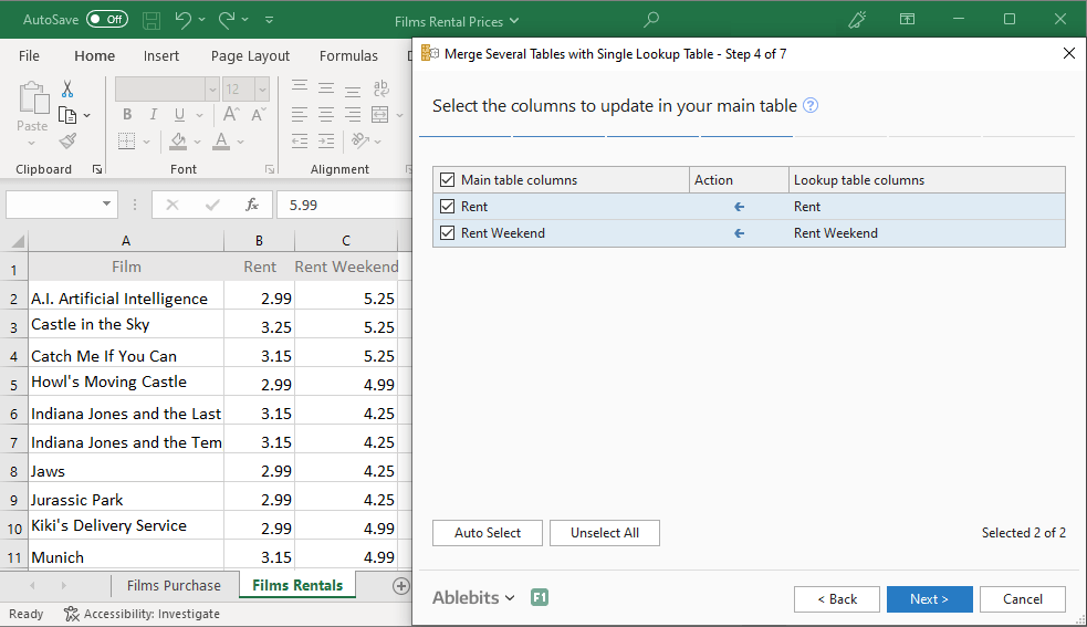 Select the columns with records to be changed