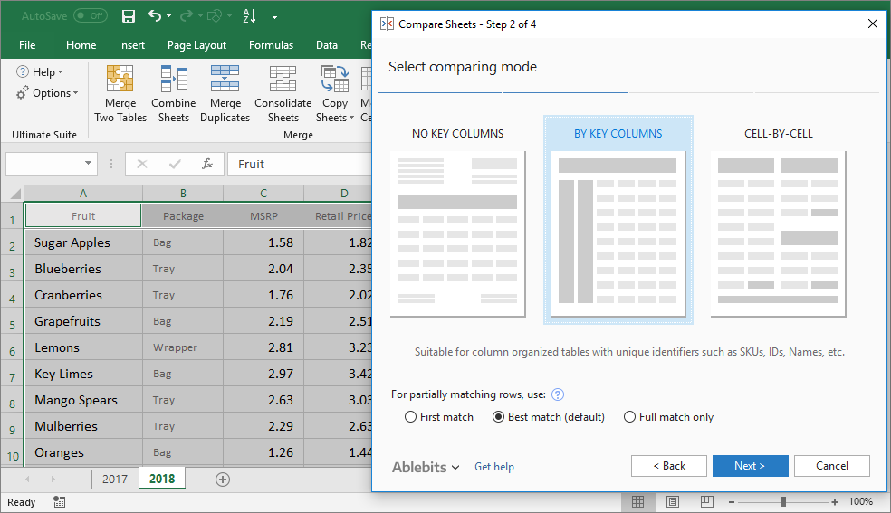 Select the mode to compare the sheets  the way you need