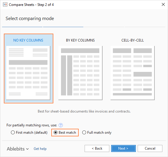 Select the comparison algorithm and match type.