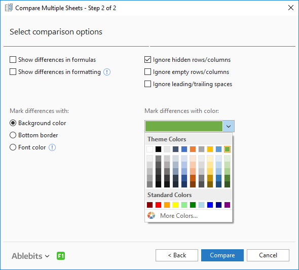 Select the comparison options.