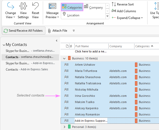 Select Outlook contacts for mail merge