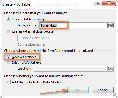 Choose the target location for your Pivot Table.