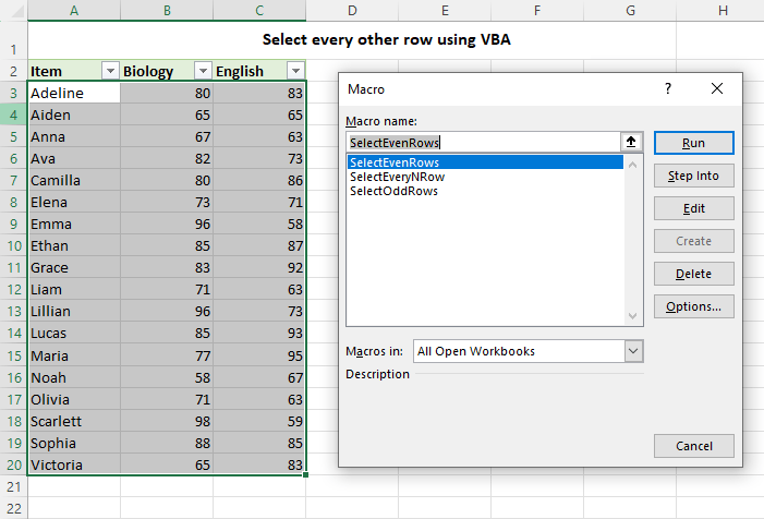 Select every other row in Excel using VBA macro.