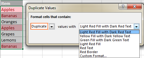 Highlighting duplicates with the default Light Red Fill and Dark Red Text format