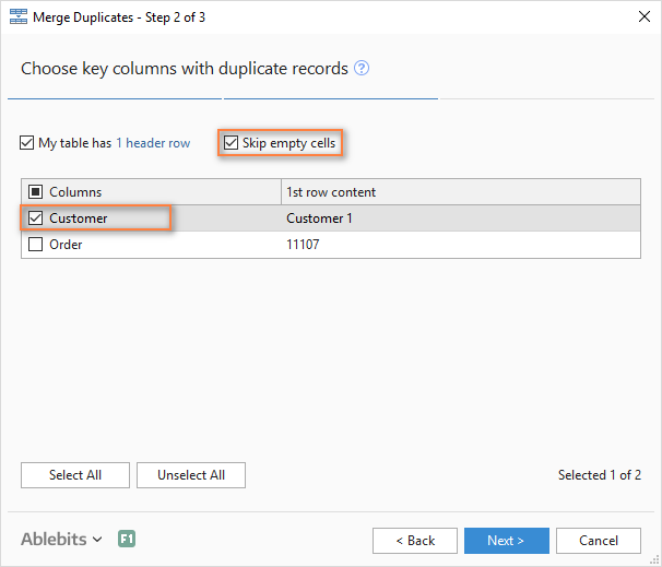 Select the key column by which you want to combine duplicate rows.