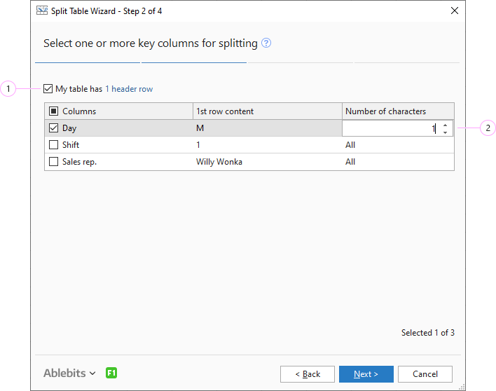 Pick the key columns to split your Excel table.