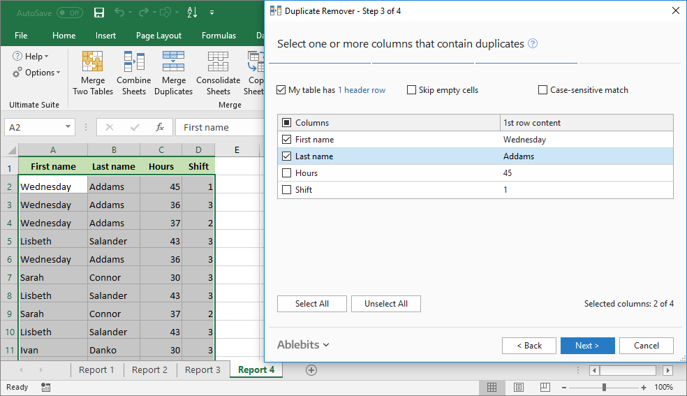 Select the key columns