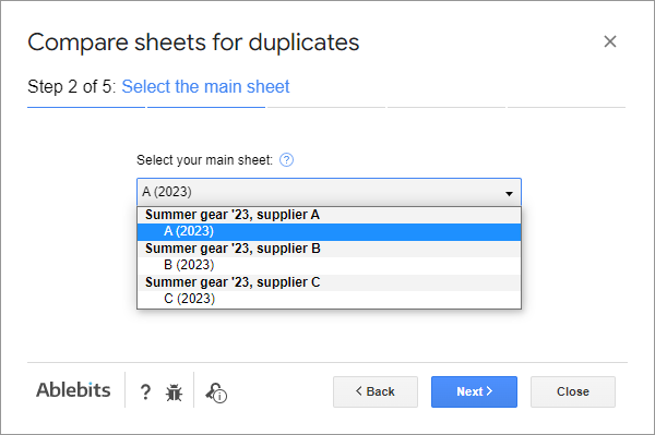 Step 2 for choosing the main sheet.