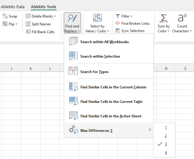 Select the number of different characters between the initially selected cell and the found ones.