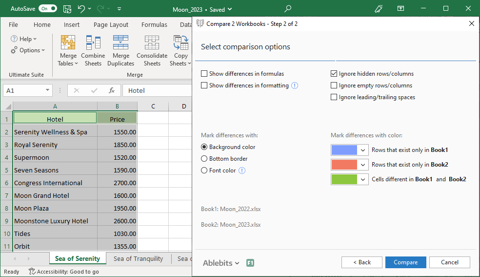 Select options for comparison and choose the colors to mark differences