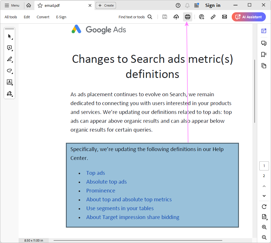 Select the desired part of the PDF file.