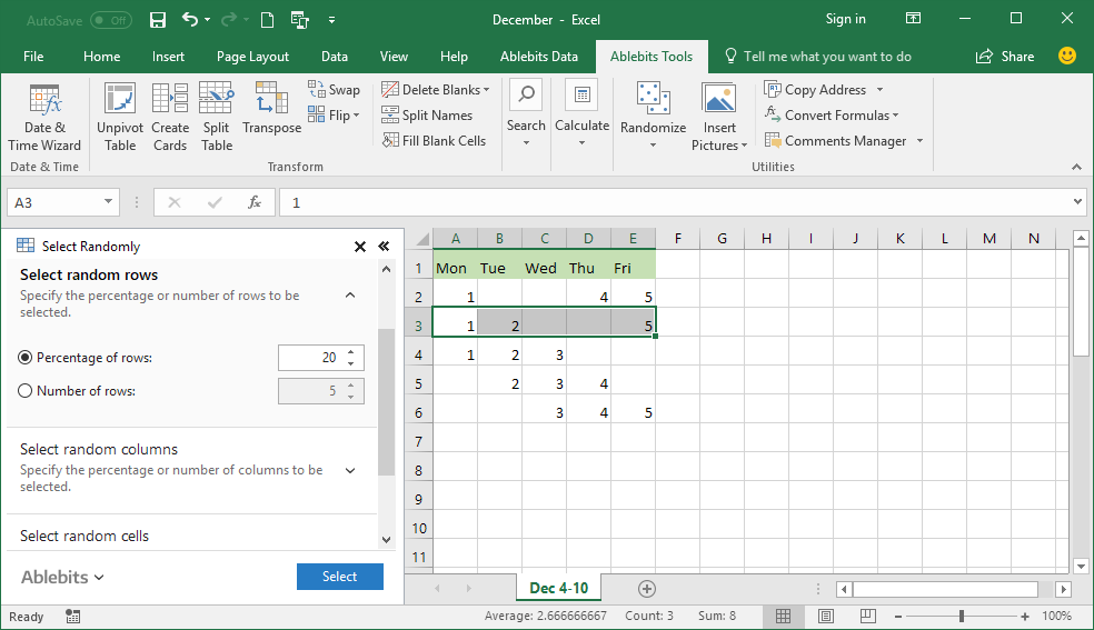 You can also select any number or percentage of rows, columns, or cells randomly