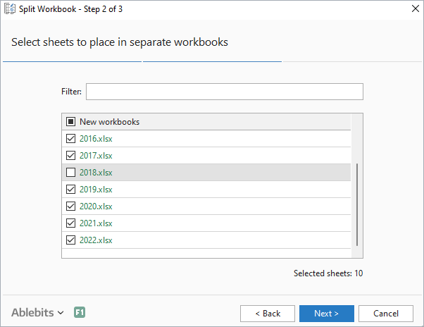 Choose sheets to place in separate files.