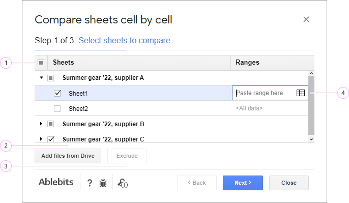 Select sheets (and ranges) you'd like to compare.