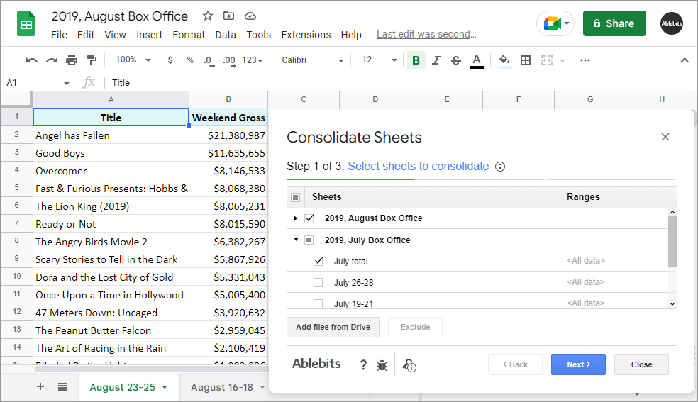 Select sheets and identify your data ranges