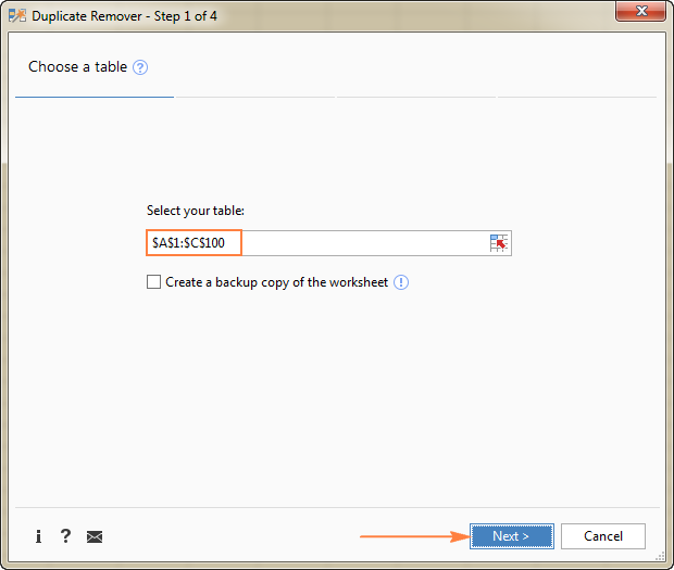 Verify that the table is selected correctly and click Next.