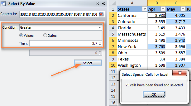 Select all values within a particular range using Select Special Cells add-in.