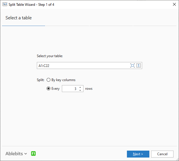 Choose the Excel table to split.