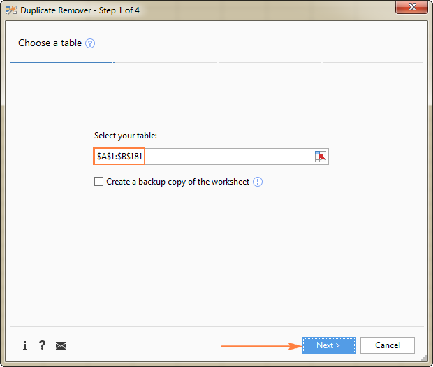 Verify that the table is selected correctly and click Next.