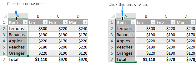 Selecting a table column or row