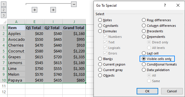 Select visible cells only.