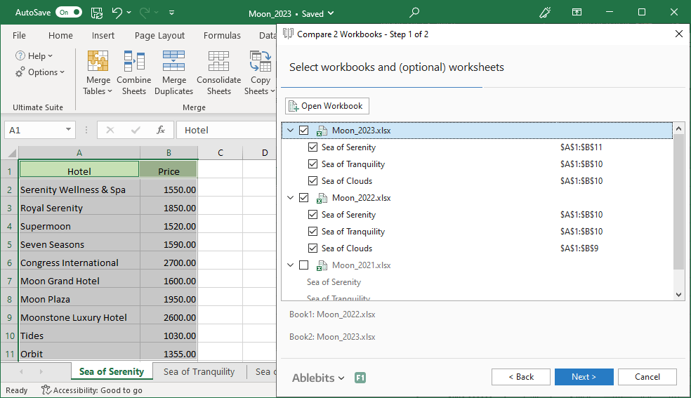 Choose the workbooks and worksheets to compare