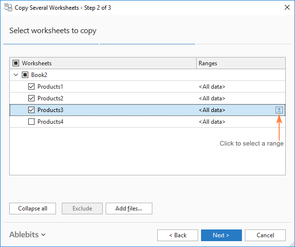 Select the worksheets to merge.