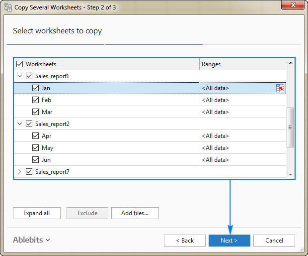 Select the worksheets you want to merge.