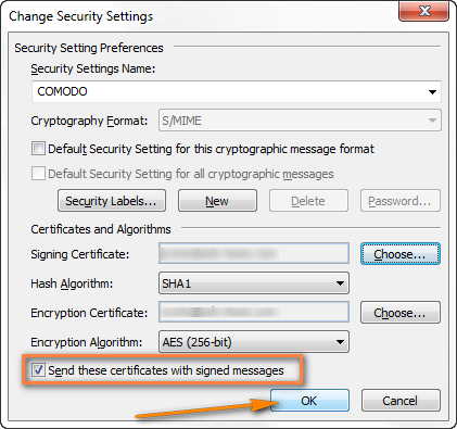 Select the 'Send these certificates with signed messages' check box if you are going to send encrypted emails outside of your company.