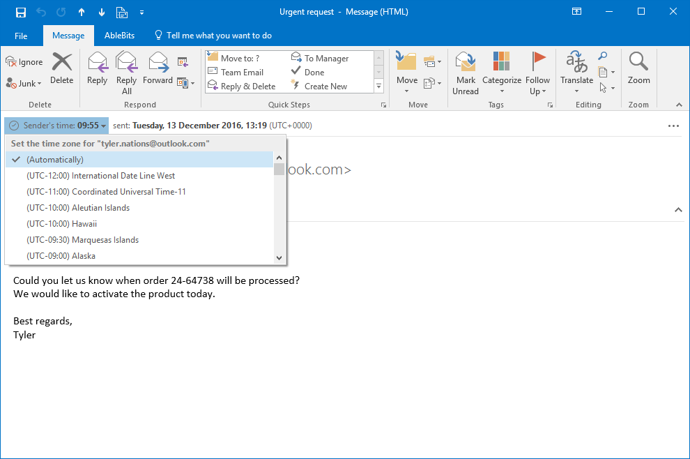 Easily customize any sender's time zone if you use an exchange account