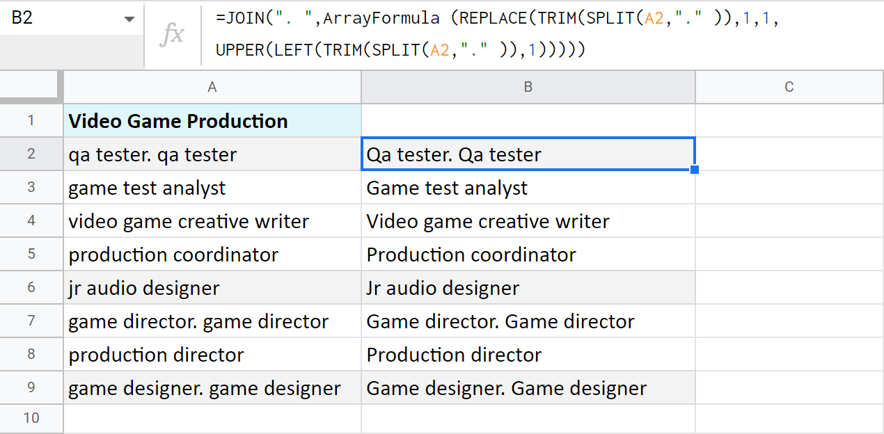 Change case in Google Sheets: make the first letter capital.