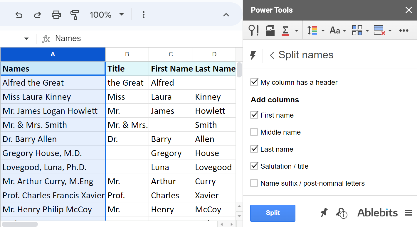 How to split first and last names in Google Sheets.