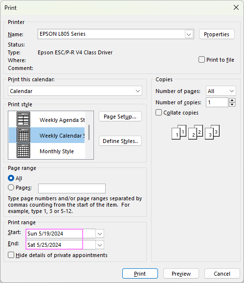 Select the desired date range in Outlook calendar.