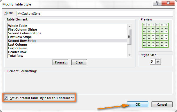 Setting your custom table style as the default table style in the current workbook